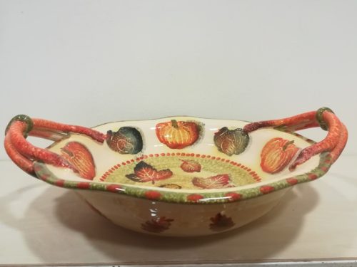 Centrotavola basso con manici cm 44x36  decoro "Zucca e foglie" Centerpiece with handles decoration "Pumpkin and leaves"