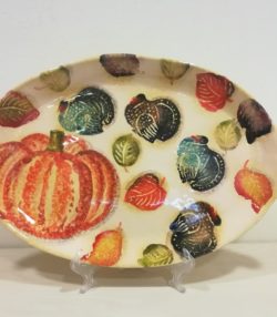 Vassoio ovale con manici cm 42x25 decoro "Zucca e foglie" Oval Tray with handles decoration "Pumpkin and leaves"